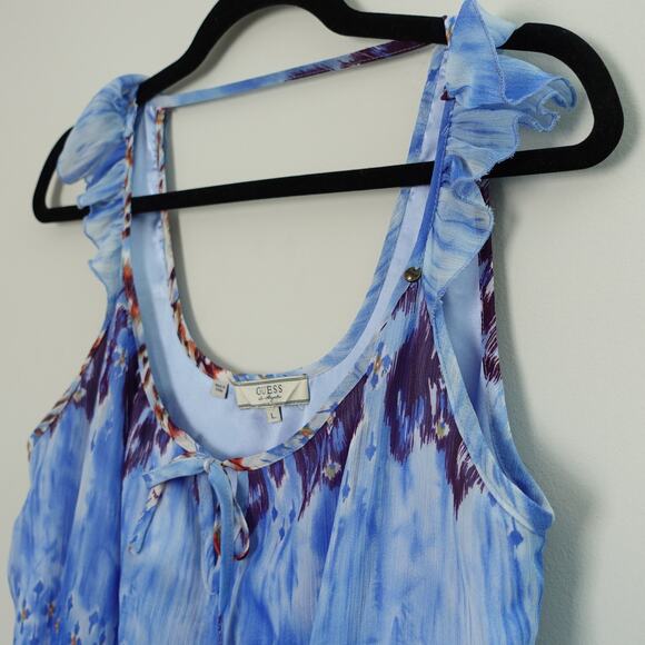 Guess Blue Multicolor Short Mini Boho Flutter Sleeve Blouson Dress Size Large - Picture 3 of 9